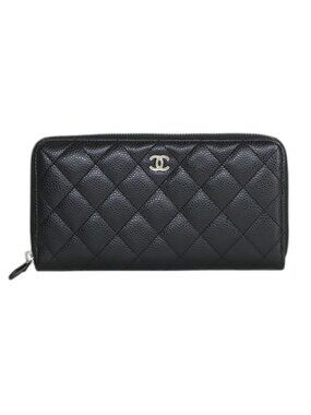 Chanel Quilted Classic Long Zip Wallet Zip Around Caviar Leather Black